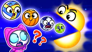 Hungry Planets😱Planet Sizes Sport Balls🌎🏀Funny Comparison😻Kids Learn Solar System☀️Purr-Purr Stories