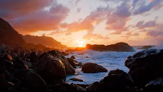 Relaxing Ocean Waves Crashing On Rocks (6 Hours) | Beautiful Beach Sunset 4K