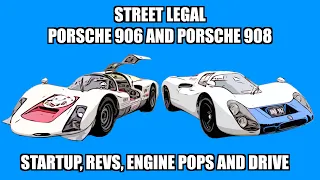 Street Legal Porsche 906 and Porsche 908 Race Cars - Start Up, Revs, Engine Pops and Drive