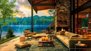 Cozy Spring Porch Lakeside Ambience with Soothing Jazz Background Music | Fireplace Sounds for Relax