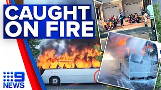 Students, teachers evacuated as bus bursts into flames in Sydney | 9 News Australia