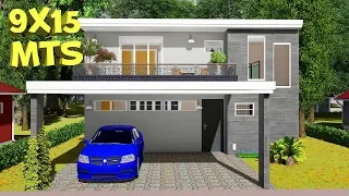 House plan of 9x15 meters with 3 bedrooms and American kitchen