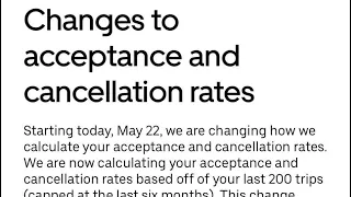 Uber changing the cancellation and acceptance rates , now based on 200 trips. My theory.