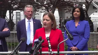 Iowa Attorney General Brenna Bird speaks outside Donald Trump's hush money trial in New York