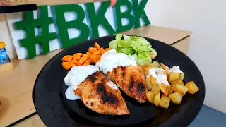 Pan-fried Chicken steak with steak sauce, roasted potatoes, and carrots - how to make perfect steak