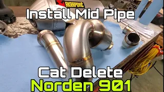 How to install mid pipe/cat delete/ Akropovic exhaust on a Norden 901 + Sound Test