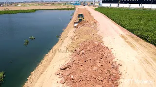 Nice Showing Building Foundation New Road Pushing Stone By Shantui Bulldozer With Dump Trucks