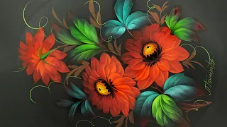 Red Dahlias. Oil Painting MasterClass | Мастер-класс по Жостовской росписи. Художник Гончарова