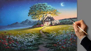 👍 Acrylic Landscape Painting - Bright Night / Easy Art / Drawing Lessons / Satisfying Relaxing.