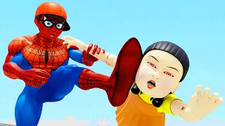 Doll Squidgame attempts to steal and damage Spiderman's armor, gets knocked out by the suit itself.