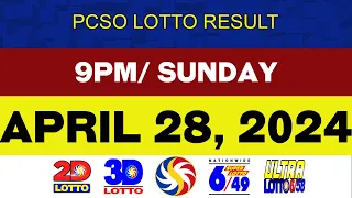 Lotto Result Today APRIL 28 9pm Ez2 Swertres 2D 3D 6/49 6/58  PCSO