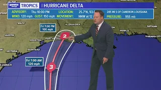 Thursday 10 PM Tropical Update: Hurricane Delta continues north, remains a Cat 3 storm