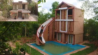 178 day live in jungle Build Three Story Villa House & Water Slide to Beautiful Swimming Pool Park