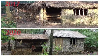 Primitive Life:Hut,iron,oven,knife,stone house-4 year in forest!
