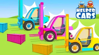 Full Episodes of Helper Cars cartoons for kids. Learn colors with toy cars and street vehicles.