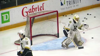 Zhigalov and Vaccari during pre-game warm-up at the Frontenacs @ 67's hockey game