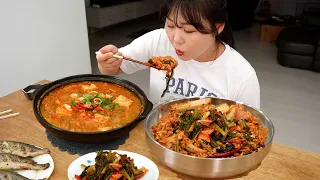 Young Radish Kimchi made by mother-in-law😋Bibimbap, Soybean paste stew, grilled fish Mukbang Recipe