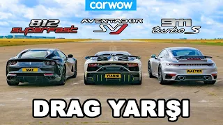 Lamborghini Aventador SVJ vs Ferrari 812 vs Porsche 911 Turbo S: DRAG YARIŞI