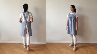 S to 3XL cross back apron with pockets, sewing tutorial/ japanese no tie pinafore for women/ MIYA