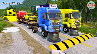 Double Flatbed Trailer Truck vs speed bumps|Busses vs speed bumps|Beamng Drive|465