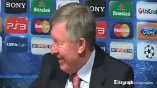 Angry Manchester United manager Sir Alex Ferguson walks out of Champions League press conference