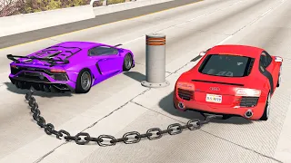 Chained Cars vs Bollards – BeamNG.Drive
