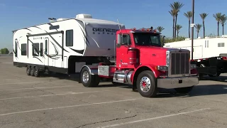 Short Hood Peterbilt 379 Hauling Genesis Supreme 5th-Wheel Toy-Hauler Arriving At TFK 2017