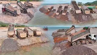 DumpTruck TRAGO HYUNDAI 25TON Many Unit Transport Stone With DozerKOMATSU Push Stone In Water Sea