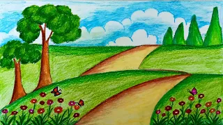 How to draw Garden scenery step by step || Beautiful flowers Garden scenery Drawing
