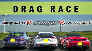 2022 BMW M240i vs Kia Stinger GT vs Porsche 718 Boxster S, unthinkable happens. Drag and Roll Race.