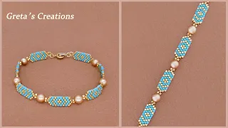 DIY Beaded Bracelet with Delica Beads and Pearls. How to Make Beaded Bracelet. Beading Tutorial 串珠手链