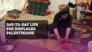 Displaced Palestinian woman in Khan Younis shelter camp describes her day-to-day life