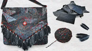 Denim ETHNO bag: soutache yarn embroidery, jeans patchwork, denim feathers .. (English subtitles)