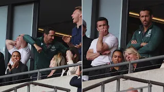 Awkward moment for Ryan Reynolds and Rob McElhenney as they celebrate Wrexham's offside goal