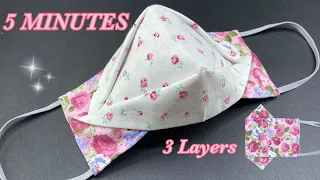 JUST 5 MINUTES - Easy DIY Fabric Face Mask 3D & 3 LAYERS | Face Mask Sewing Tutorial