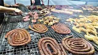 Italy Street Food from Argentina. Huge Grill. Asado, Beef Steaks, Pork Loin, Ribs, Sausages and more