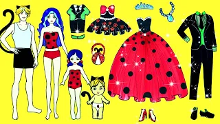 Paper Dolls Dress Up  -  Ladybug and Cat Noir Family Prom Costumes Handmade  - Barbie Story & Crafts