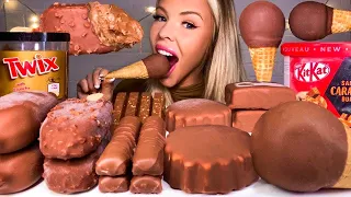 BITESASMR KITKAT SALTED CARAMEL ICE CREAM, TWIX, HAZELNUT, CHOCOLATE DIP, KLONDIKE MUKBANG  HUNNIBEE