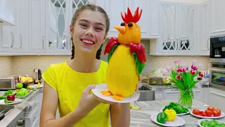 Nastya y Artem hacen figuras animales de verduras y frutas