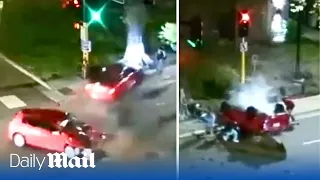 Shocking moment pedestrian avoids T-bone car crash in Minneapolis