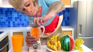 Monkey Baby Bon Bon harvests fruit on the farm to make watermelon smoothies