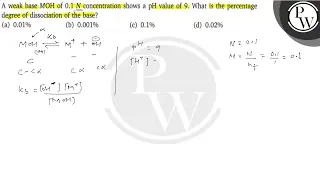 A weak base MOH of 0.1  N concentration shows a pH value of 9 . What is the percentage degree of ...