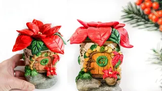 Poinsettia Fairy House DIY Using Jar & Air Dry Clay, Easy Christmas Craft Idea