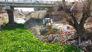 Best Activity Huge Bulldozer Pushing Soil Stone Make a New Road under Bridge across the River