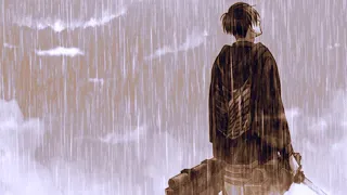 Levi standing in the rain while Lovely by Billie Eilish is playing