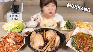 Cooking Mukbang :) Samgyetang (chicken in water), Shrimp chives pancake, kimchi.