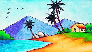 How to Draw Easy Mountain and Tropical Island Scenery | Oil Pastel Drawing