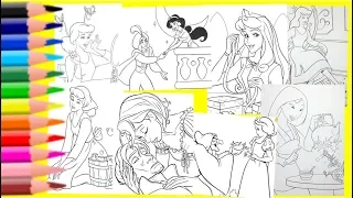 Disney Princess Cinderella Aurora Snow White Jasmine Rapunzel Compilation Coloring Pages for kids