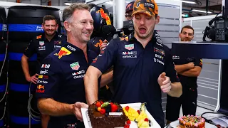 Christian Horner almost smashes cake on Max Verstappen’s face