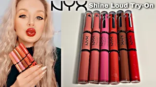 NYX SHINE LOUD HIGH SHINE LIP COLOR TRY-ON, SWATCHES AND REVIEW